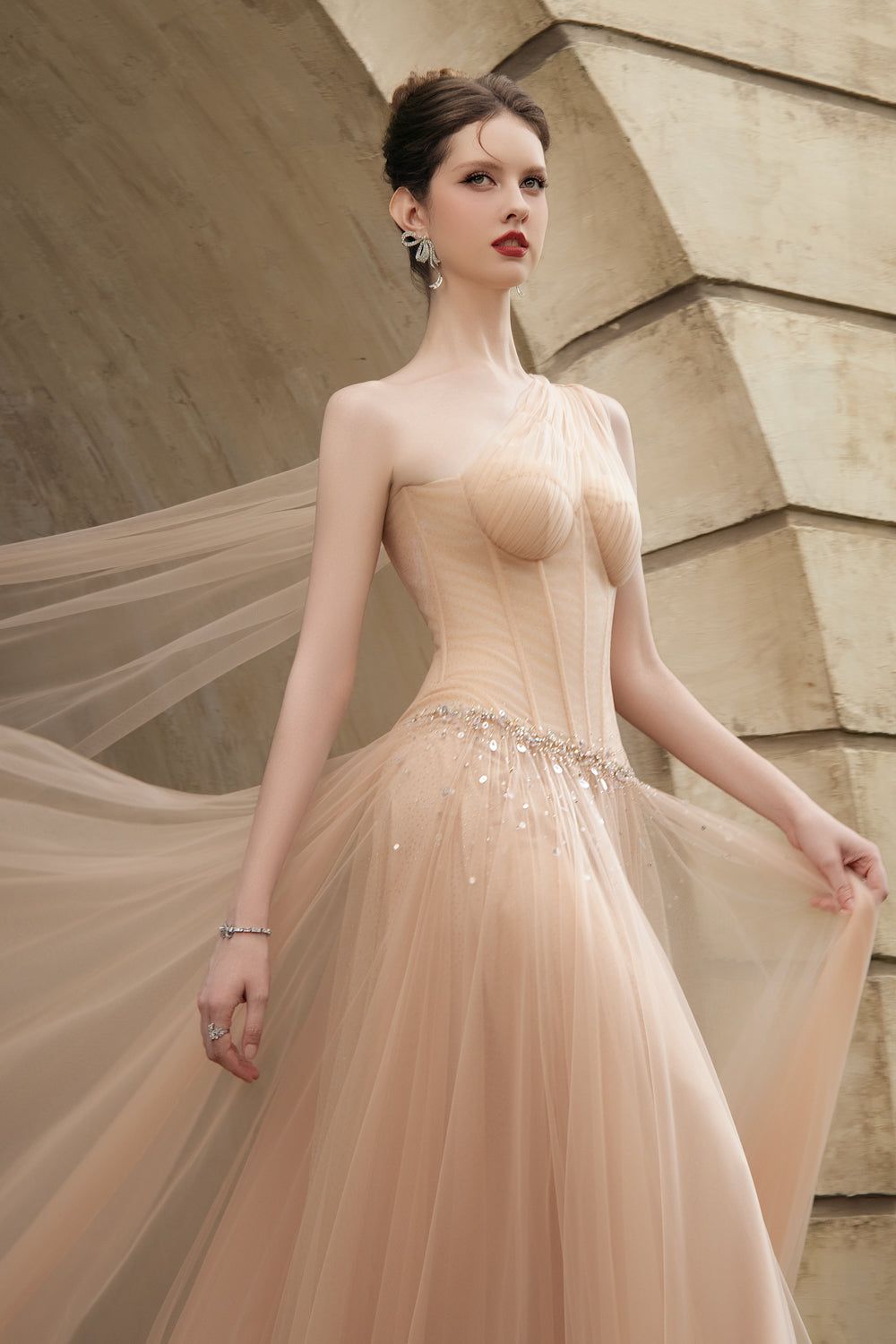 Roselith A-line One Shoulder Tulle Maxi Dress