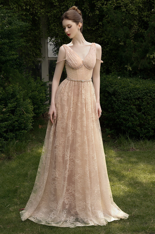 Solenne A-line V-Neck Chantilly Lace Maxi Dress