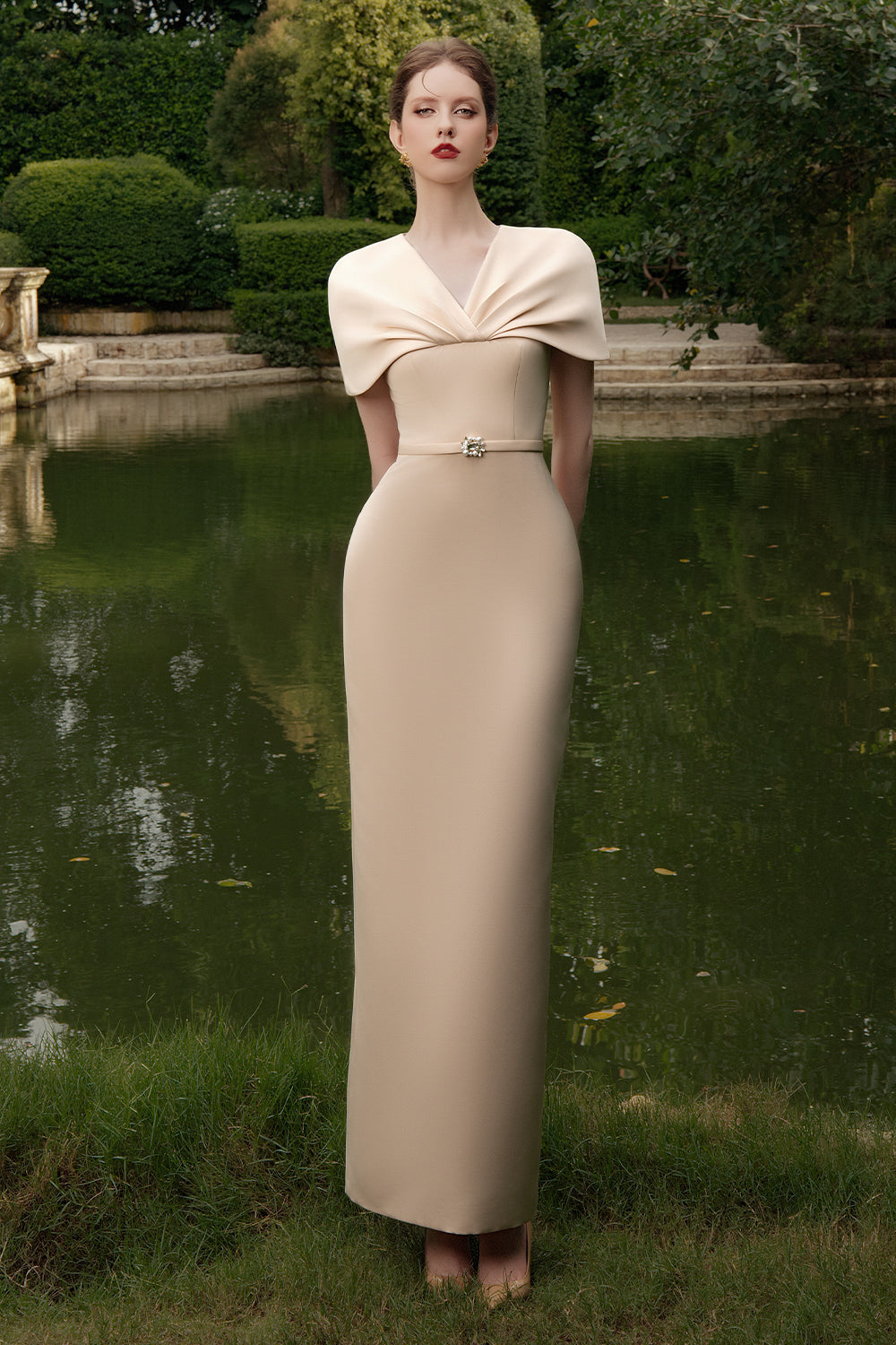 Women's Fiorelle Sheath Cape Sleeved Satin Maxi Dress S/M/L/Customize Beige Champagne/Samba Red MEAN BLVD Women's Fiorelle Sheath Cape Sleeved Satin Maxi Dress S/M/L/Customize Beige Champagne/Samba Red MEAN BLVD
