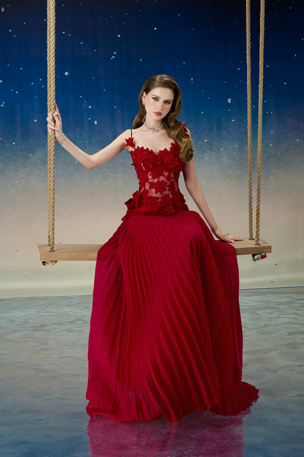 Quasar Pleated Spaghetti Strap Mesh Lace Floor Length Dress