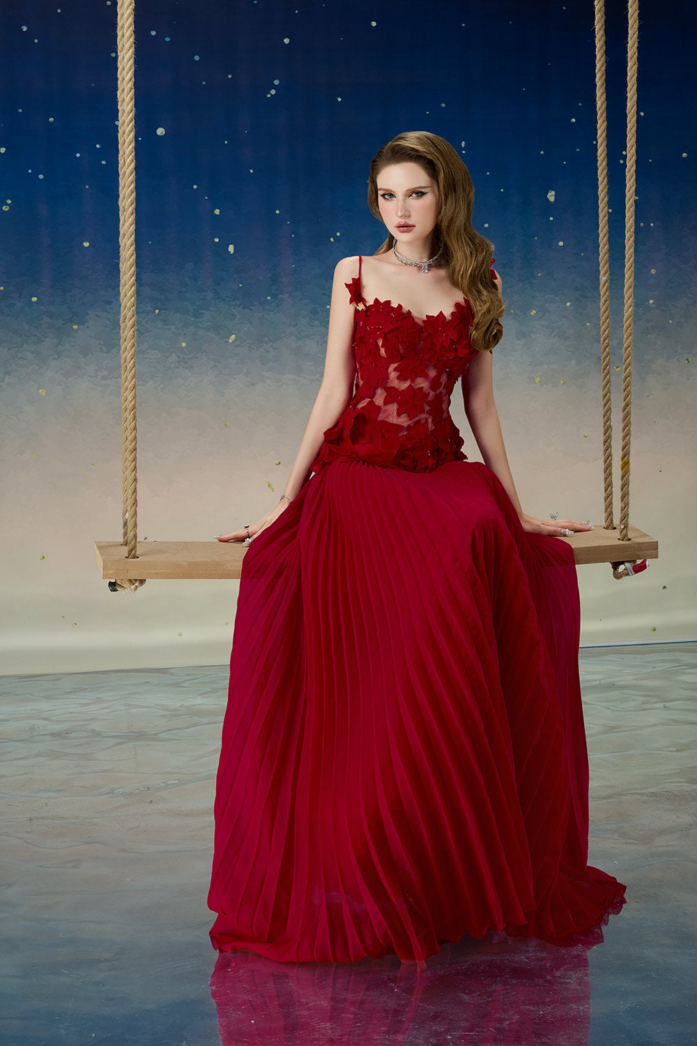 Quasar Pleated Spaghetti Strap Mesh Lace Floor Length Dress Deep Red / M