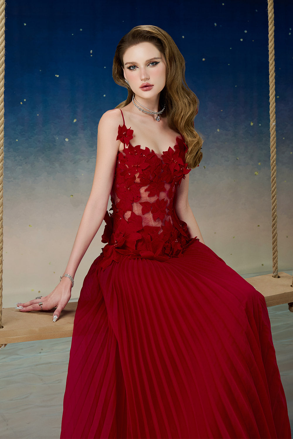 Quasar Pleated Spaghetti Strap Mesh Lace Floor Length Dress