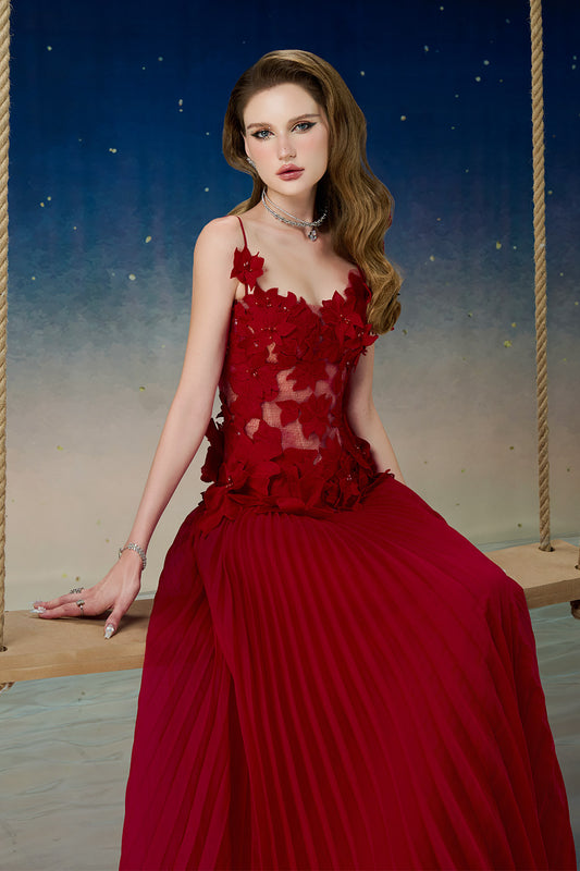 Quasar Pleated Spaghetti Strap Mesh Lace Floor Length Dress