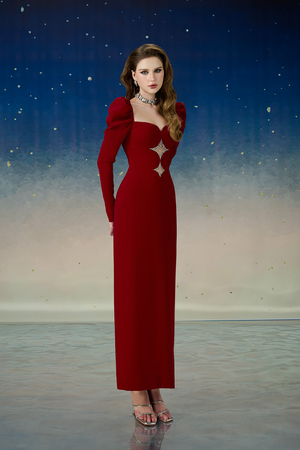 long sleeve ankle length dress Women's Lunessa Sheath Leg Of Mutton Sleeved Polyester Ankle Length Dress S/M/L/Customize Deep Red MEAN BLVD
