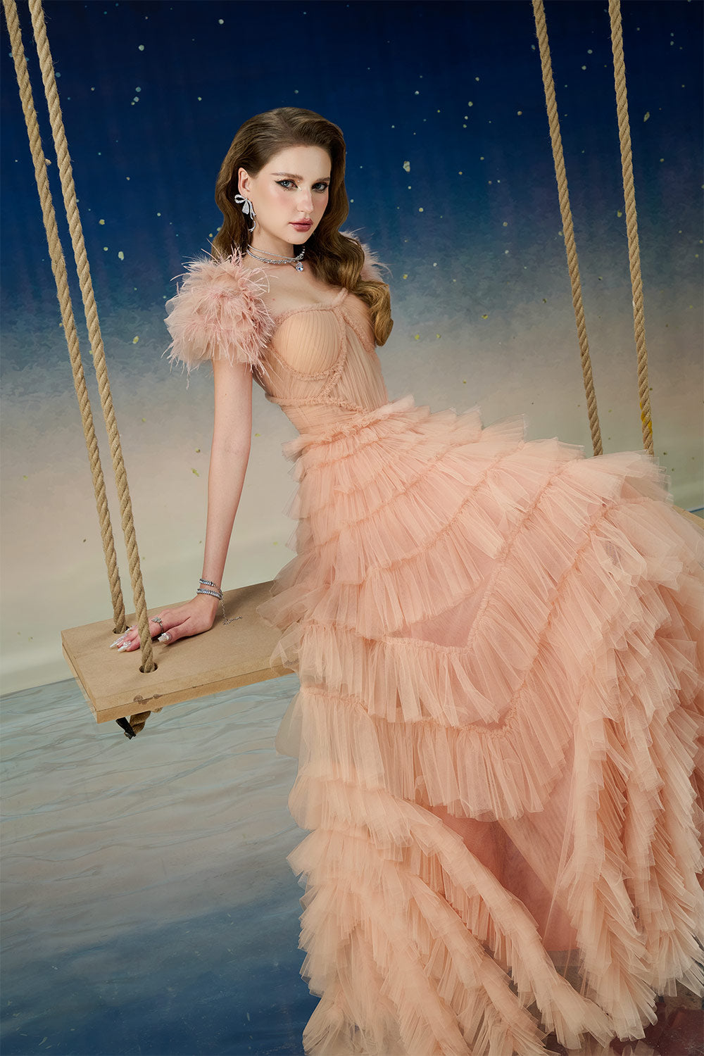 Lyrae Tiered Gathered Mesh Floor Length Dress