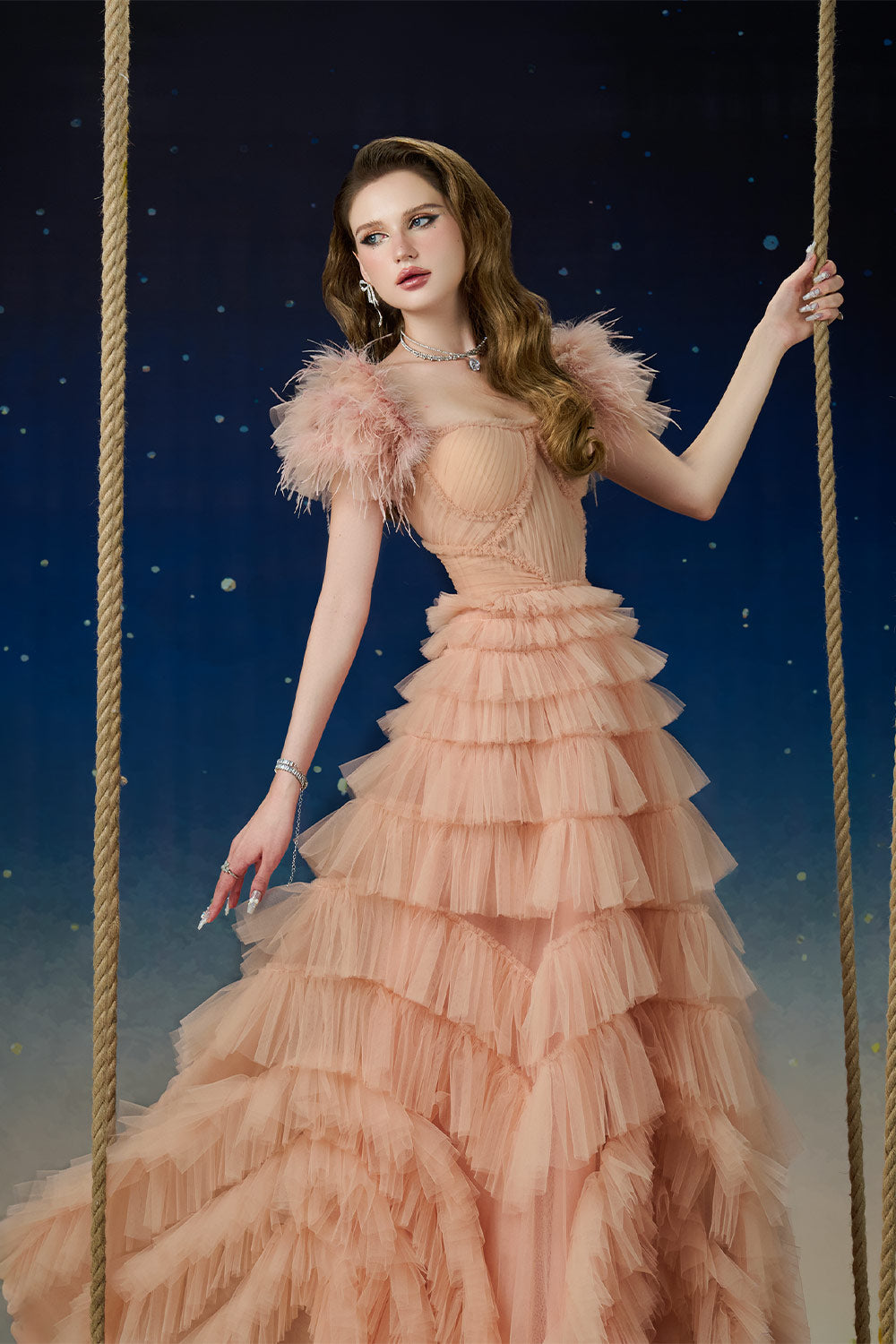 Lyrae Tiered Gathered Mesh Floor Length Dress