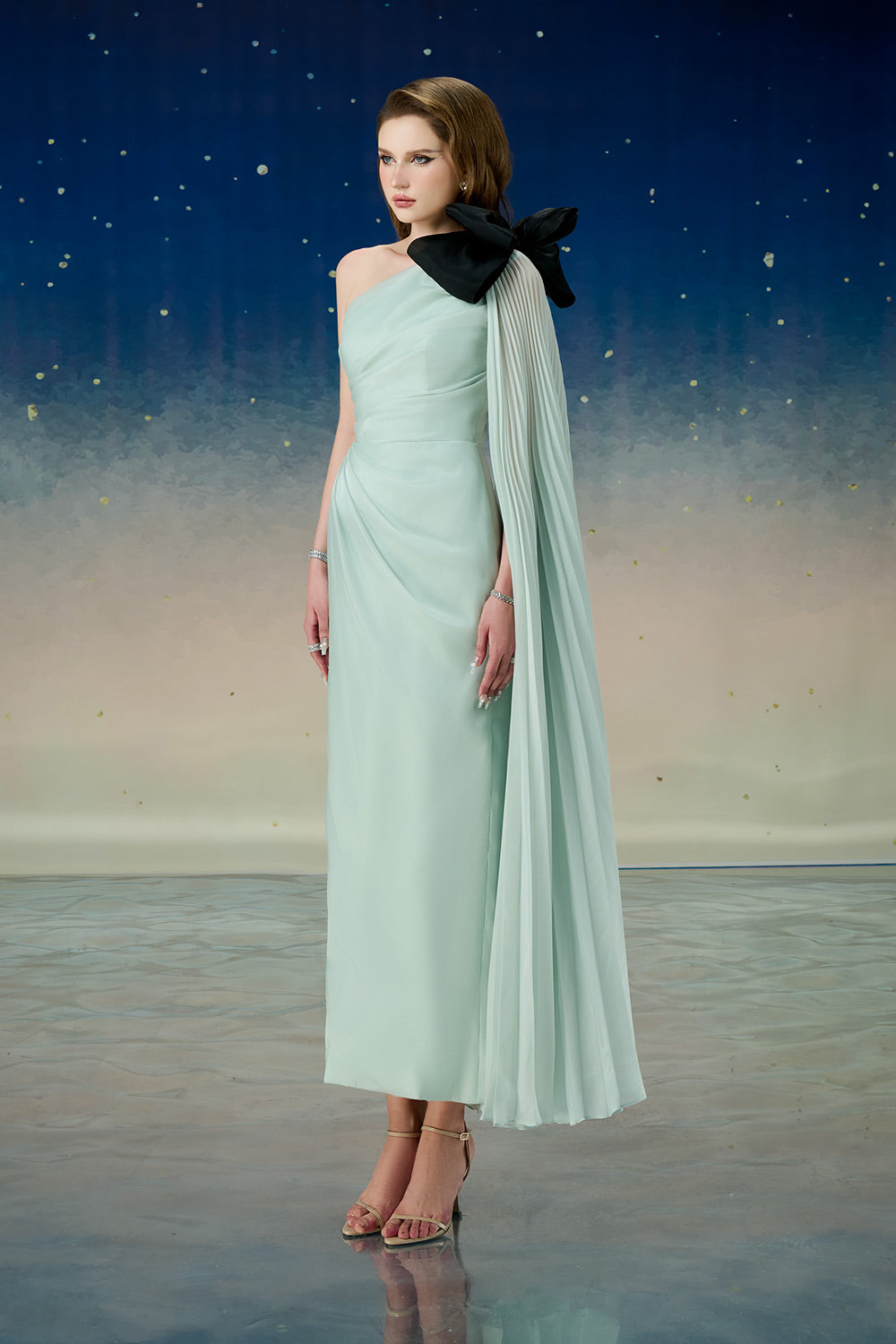 Zorya Sheath Asymmetric Sleeved Silk Midi Dress