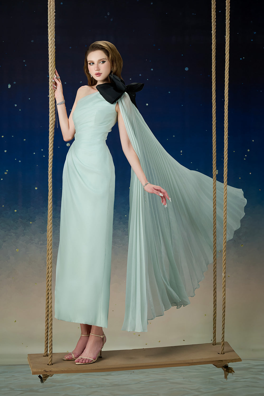 Zorya Sheath Asymmetric Sleeved Silk Midi Dress