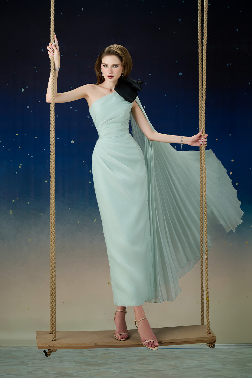 Zorya Sheath Asymmetric Sleeved Silk Midi Dress