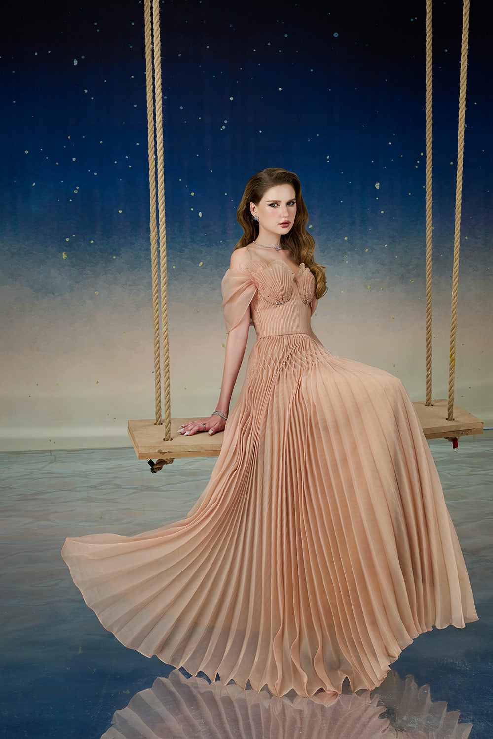 Lustre Fit and Flare Pleated Organza Floor Length Dress