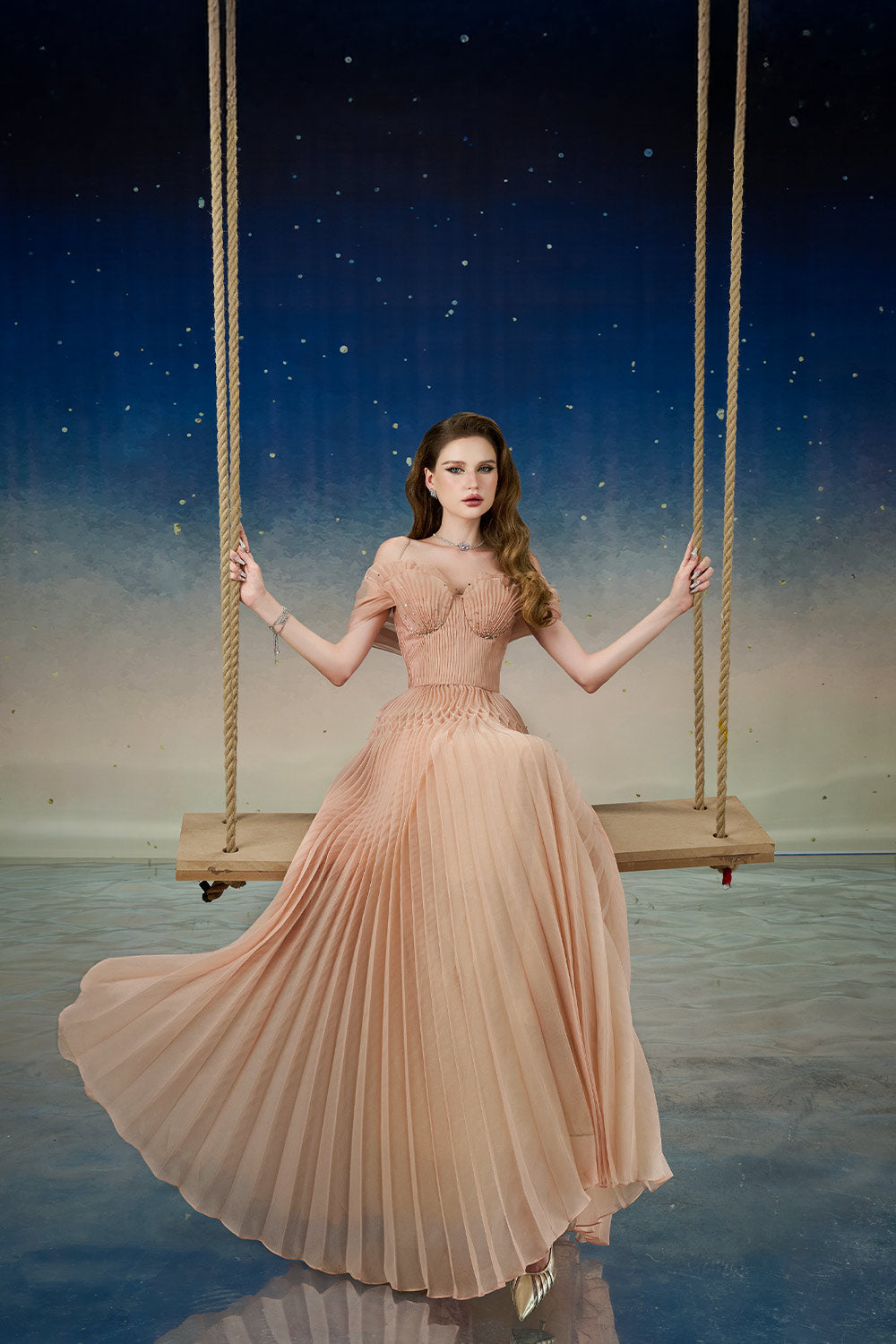 Lustre Fit and Flare Pleated Organza Floor Length Dress