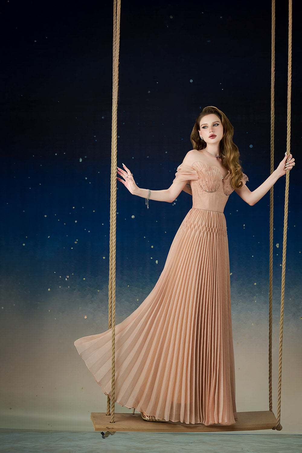 Lustre Fit and Flare Pleated Organza Floor Length Dress