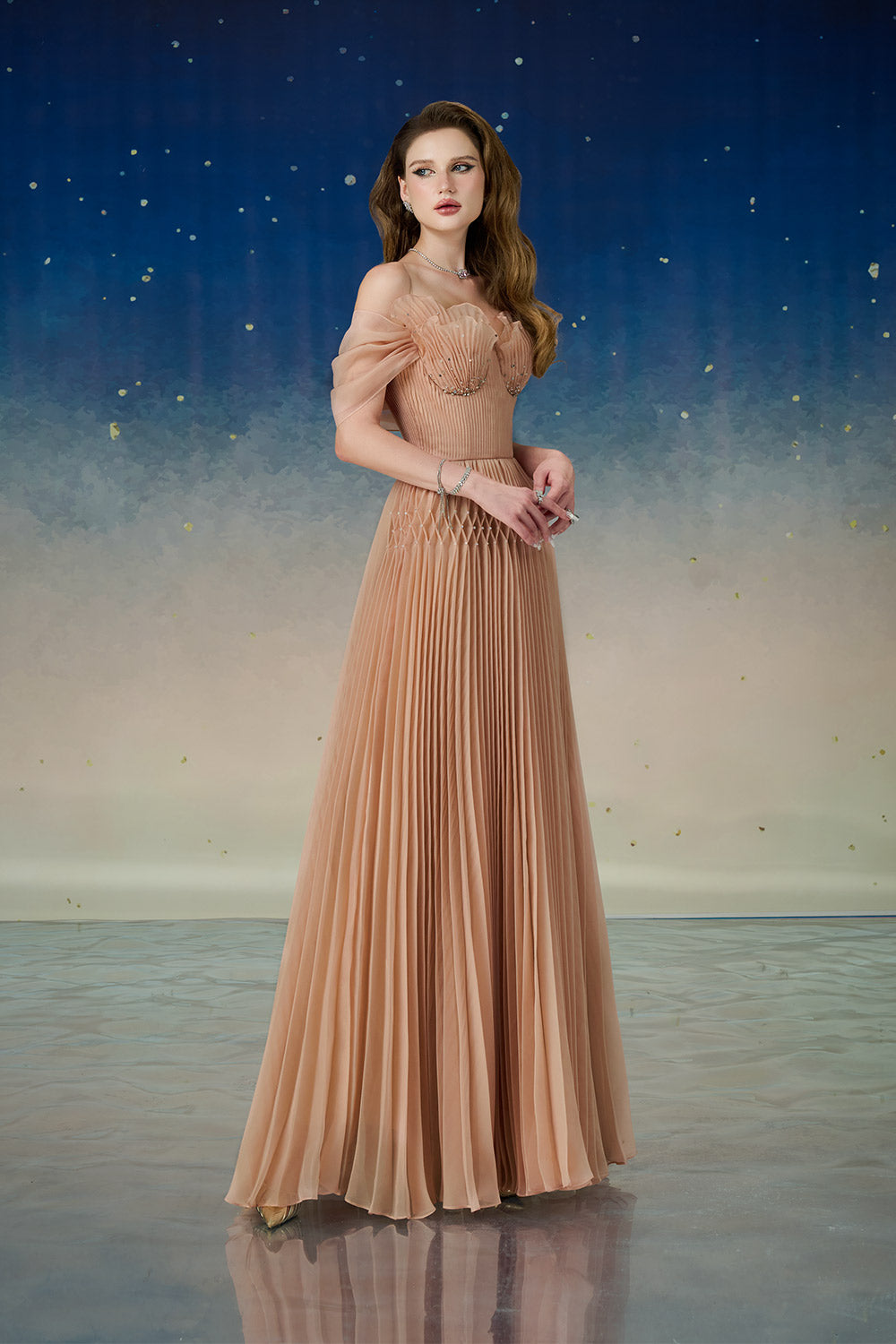 open lace back dress Women's Lustre Fit and Flare Pleated Organza Floor Length Dress S/M/L/Customize Dusty Orange Mean Blvd Dusty Orange / L