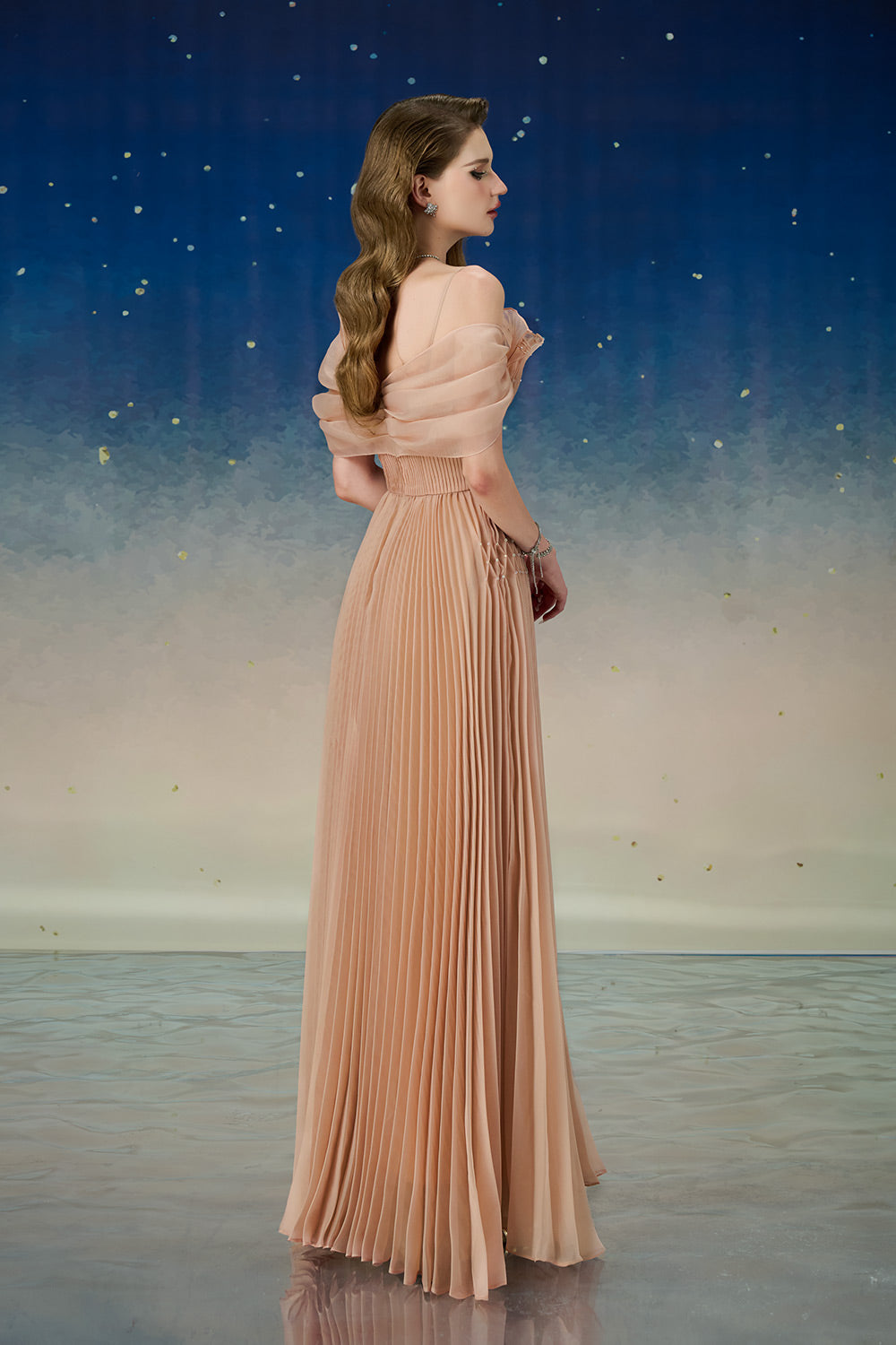 Lustre Fit and Flare Pleated Organza Floor Length Dress