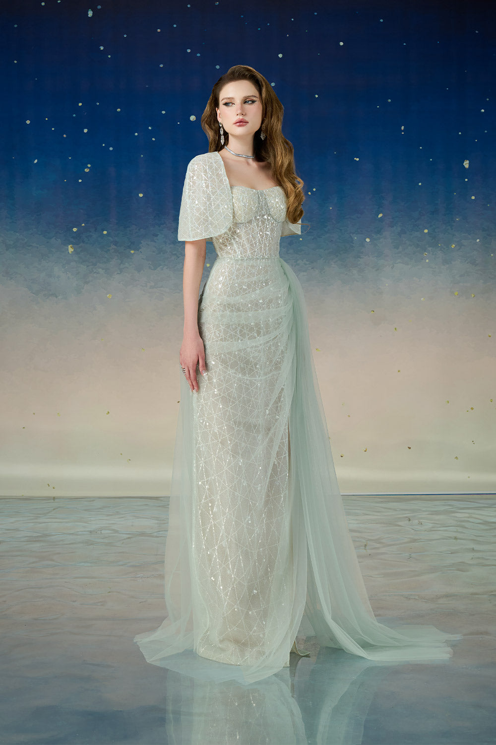 Lyrixa Asymmetric Cape Shoulder Mesh Sequin Floor Length Dress