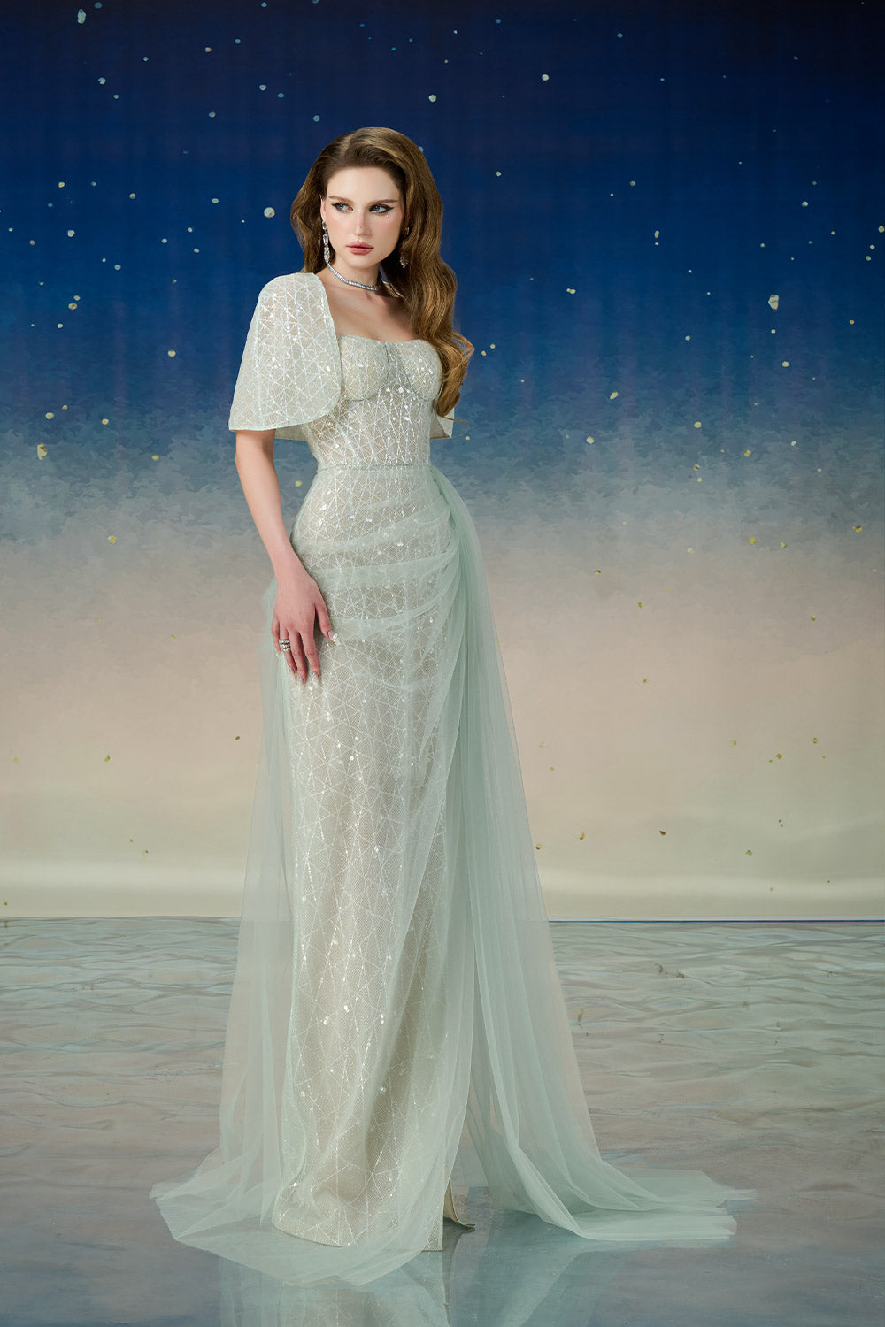 Lyrixa Asymmetric Cape Shoulder Mesh Sequin Floor Length Dress