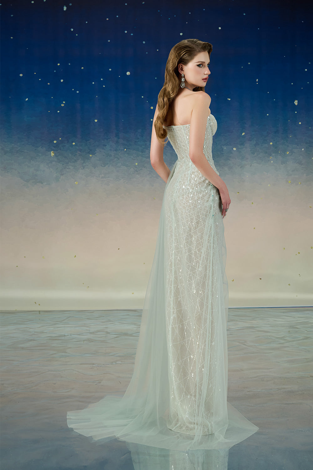 Lyrixa Asymmetric Cape Shoulder Mesh Sequin Floor Length Dress