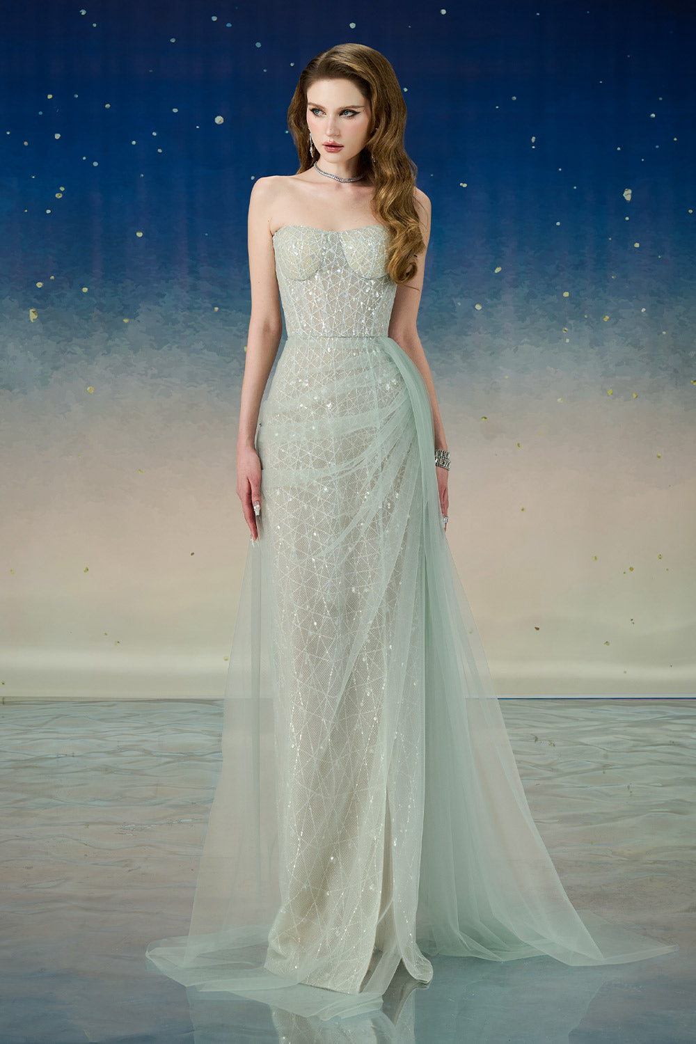 Lyrixa Asymmetric Cape Shoulder Mesh Sequin Floor Length Dress