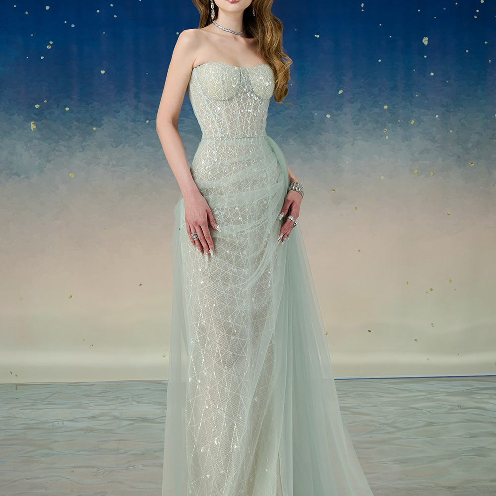 Lyrixa Asymmetric Cape Shoulder Mesh Sequin Floor Length Dress