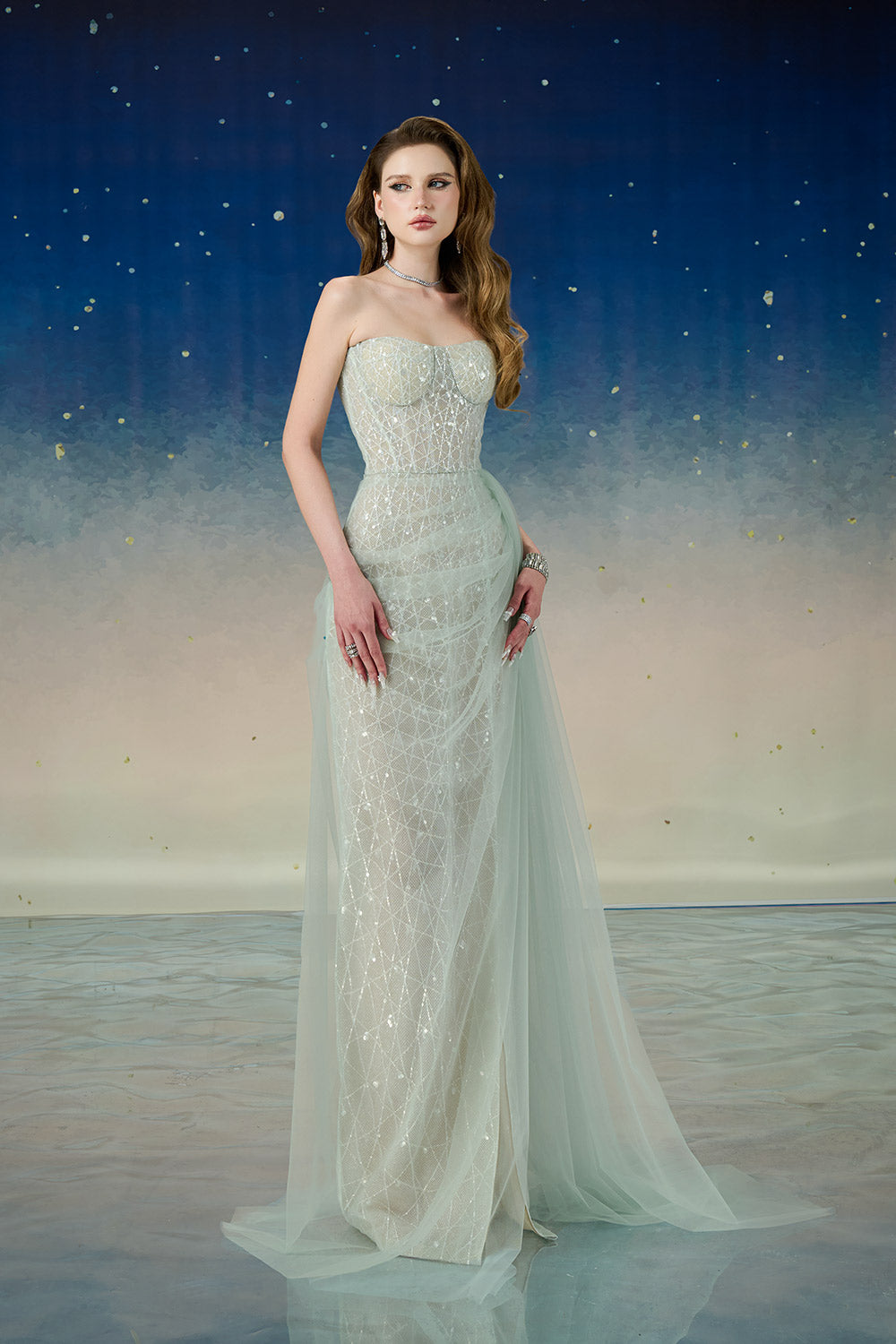 Lyrixa Asymmetric Cape Shoulder Mesh Sequin Floor Length Dress