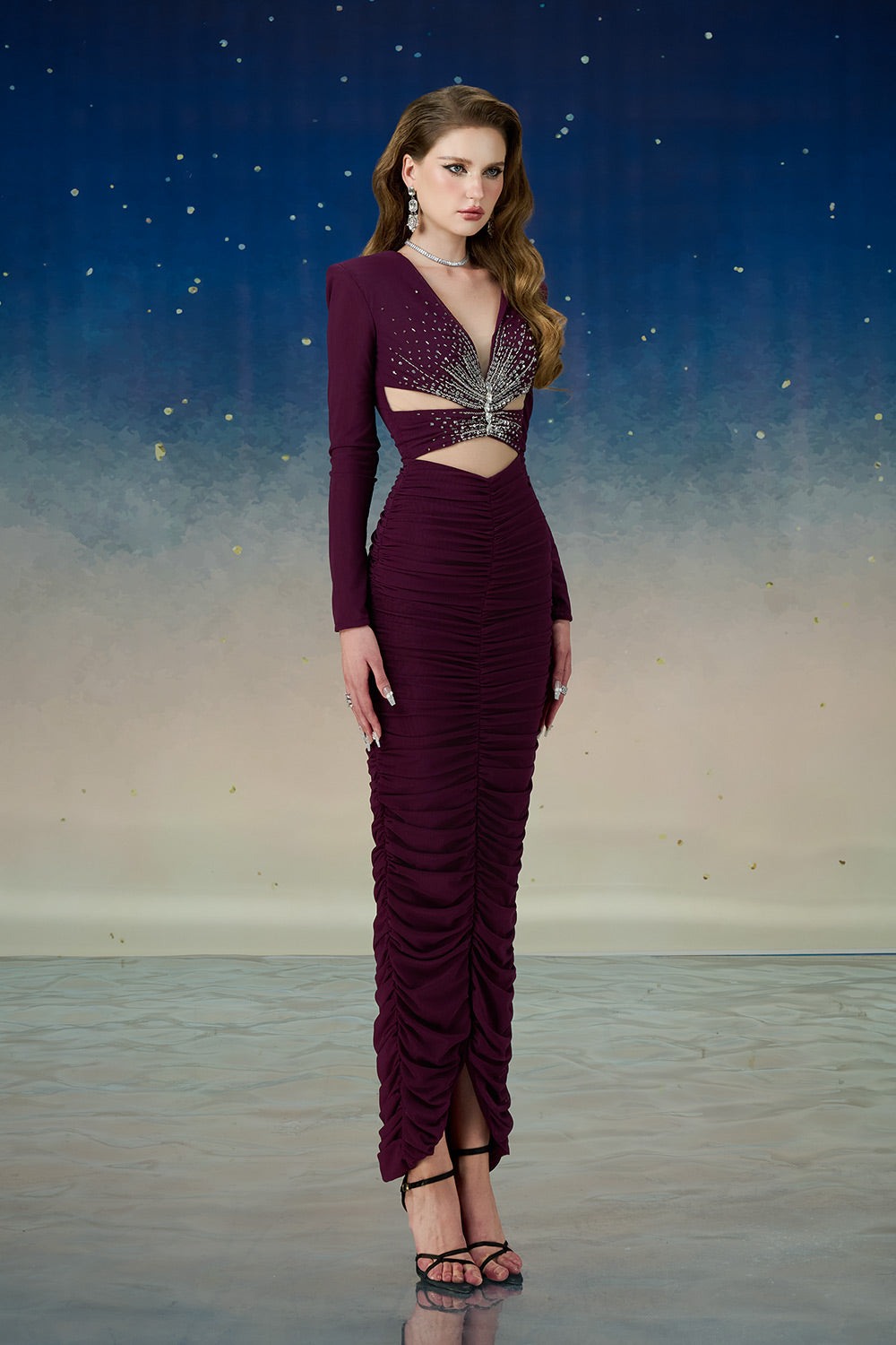 Aquila Gathered Cut-Out Mesh Spandex Ankle Length Dress