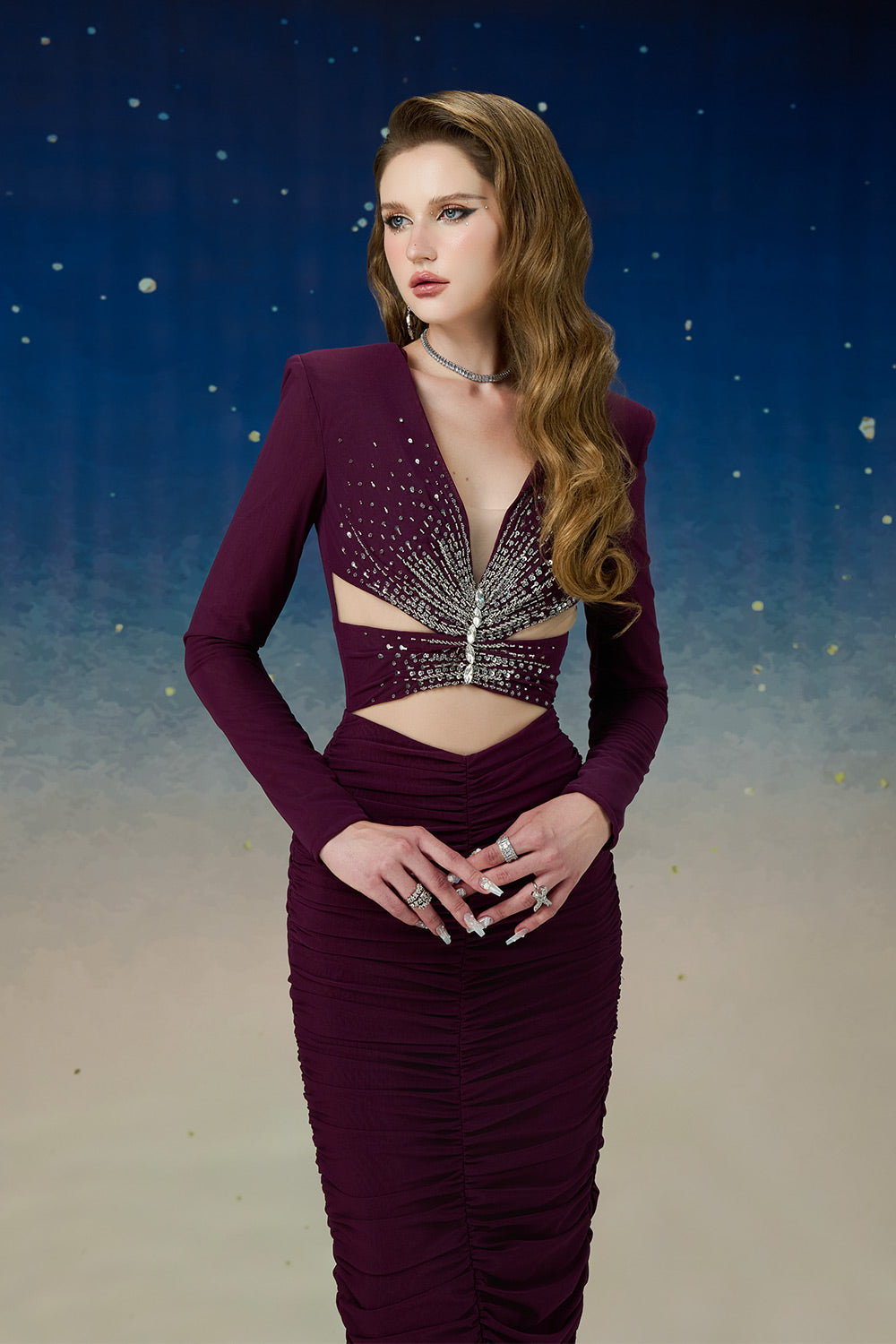 Aquila Gathered Cut-Out Mesh Spandex Ankle Length Dress