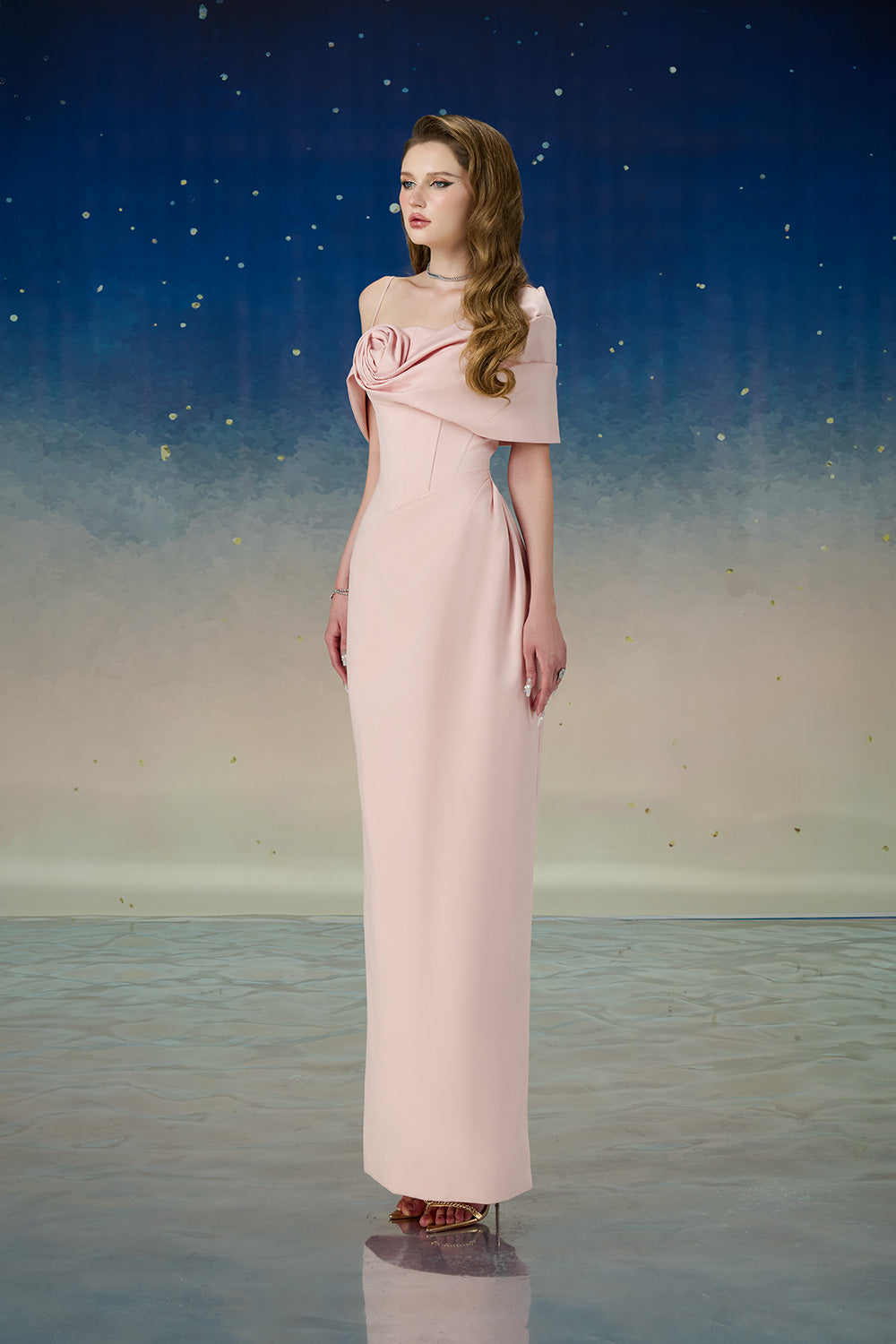 ankle length sheath dress B233065 Chic Soft Crepe Ankle Length Gown with Straight Across Neckline and Bold Straps