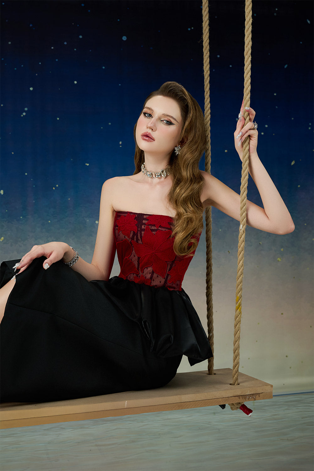 Asteria Peplum Straight Across Neck Mesh Taffeta Midi Dress