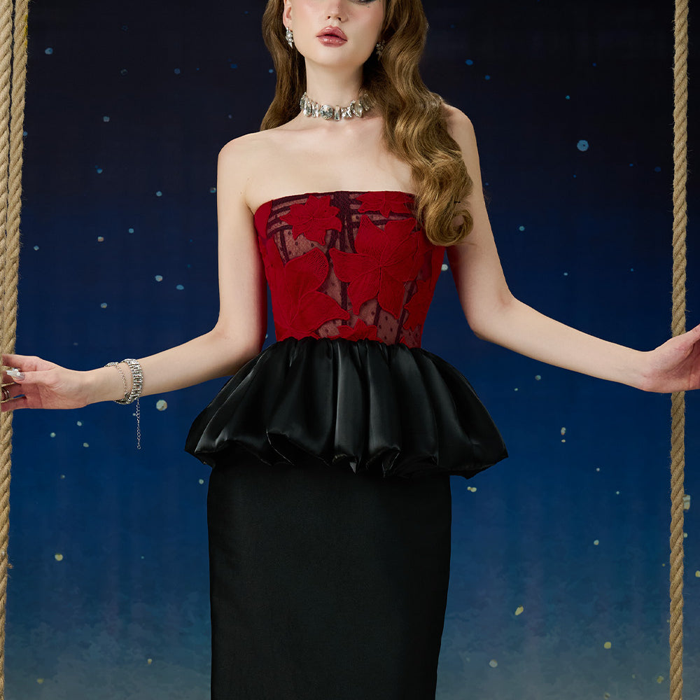 Asteria Peplum Straight Across Neck Mesh Taffeta Midi Dress