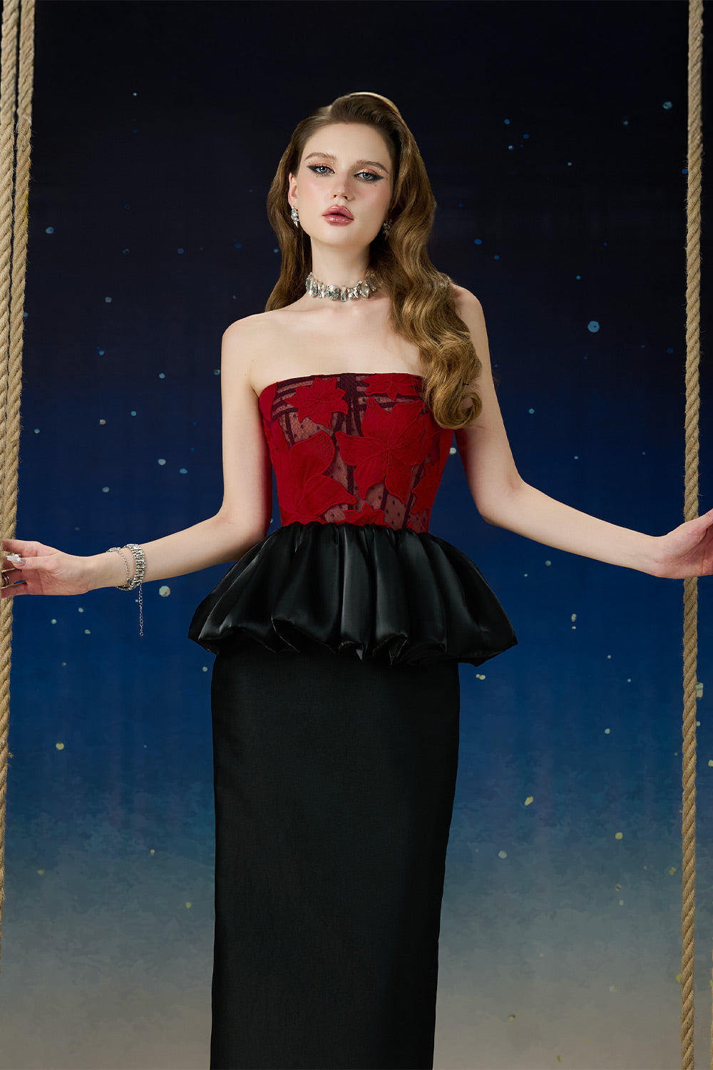 Asteria Peplum Straight Across Neck Mesh Taffeta Midi Dress