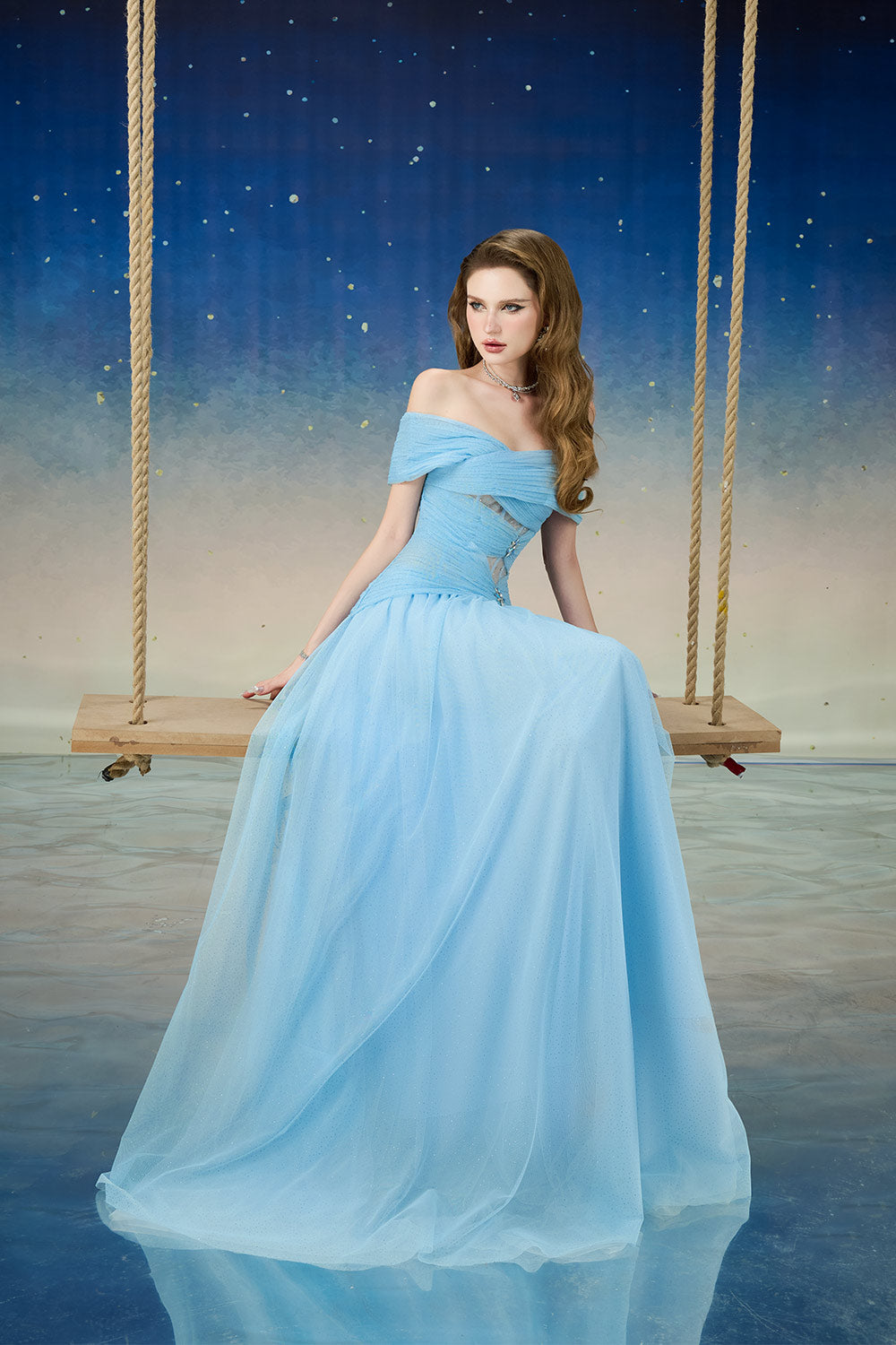Cometia Fit and Flare Off-Shoulder Mesh Sequin Floor Length Dress