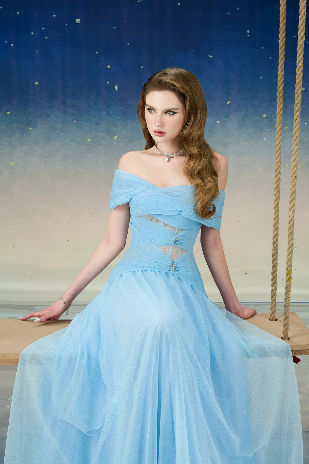 Women's Cometia Fit and Flare Off-Shoulder Mesh Sequin Floor Length Dress S/M/L/Customize Light Blue MEAN BLVD Light Blue / M Women's Cometia Fit and Flare Off-Shoulder Mesh Sequin Floor Length Dress S/M/L/Customize Light Blue MEAN BLVD Light Blue / M