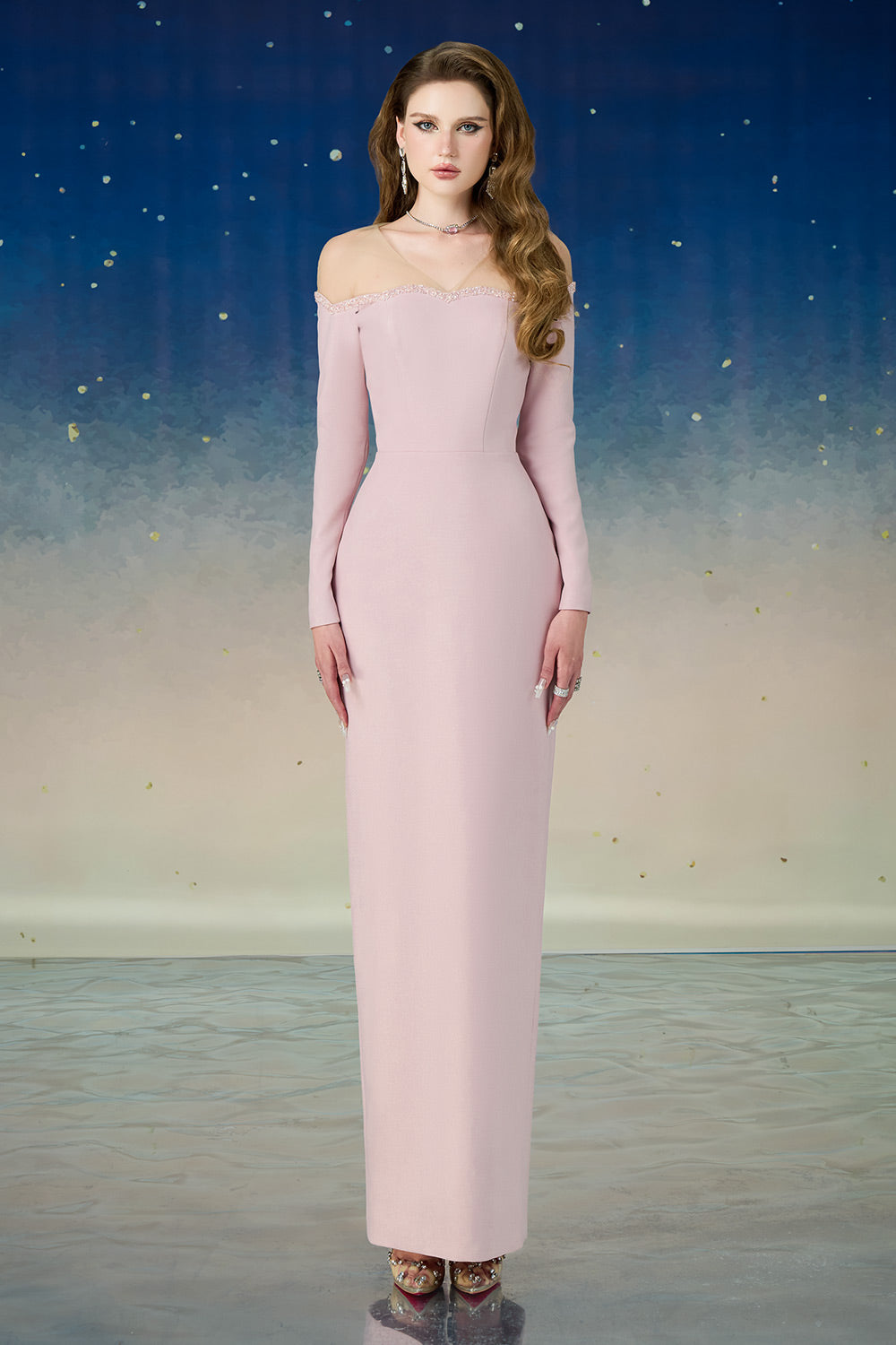 Women's Novella Pencil Illusion Neck Polyester Ankle Length Dress S/M/L/Customize Pearl Pink MEAN BLVD Pearl Pink / L