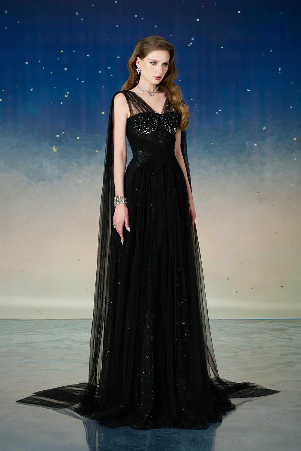 Nyxara A-line Symmetric Flap Mesh Lace Floor Length Dress