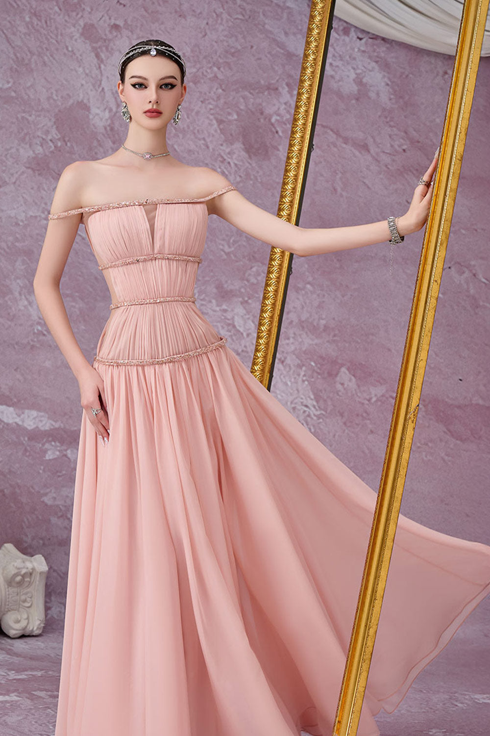 Women's Stellara Fit and Flare Gathered Mesh Silk Maxi Dress S/M/L/Customize Baby Pink MEAN BLVD, Baby Pink / S Women's Stellara Fit and Flare Gathered Mesh Silk Maxi Dress S/M/L/Customize Baby Pink MEAN BLVD, Baby Pink / S