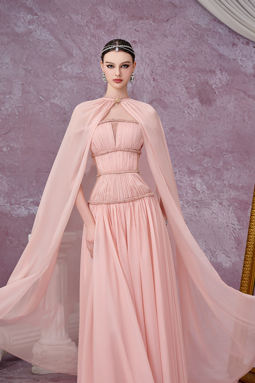 Stellara Fit and Flare Gathered Mesh Silk Maxi Dress