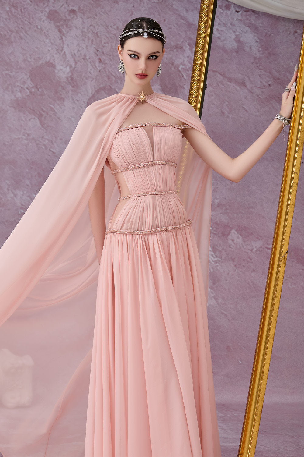 Stellara Fit and Flare Gathered Mesh Silk Maxi Dress