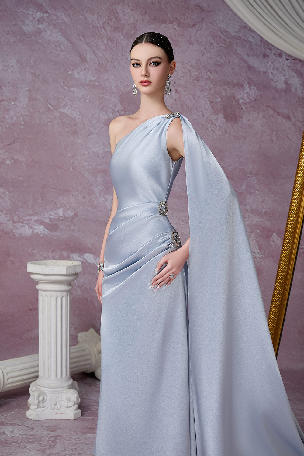 Women's Nimbus Trumpet One Shoulder Silk Ankle Length Dress S/M/L/Customize Steel Blue MEAN BLVD Steel Blue / Customize