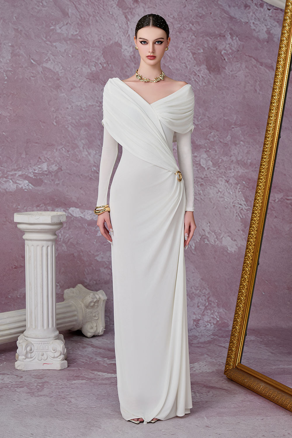 Aether Sheath Gathered Spandex Floor Length Dress