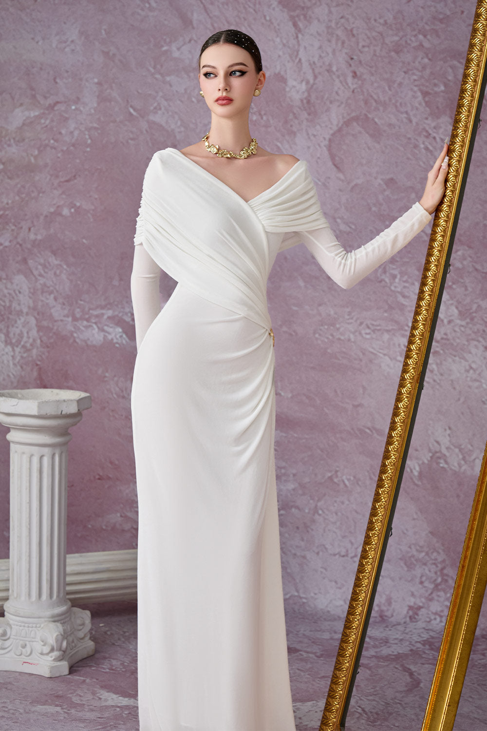 Aether Sheath Gathered Spandex Floor Length Dress