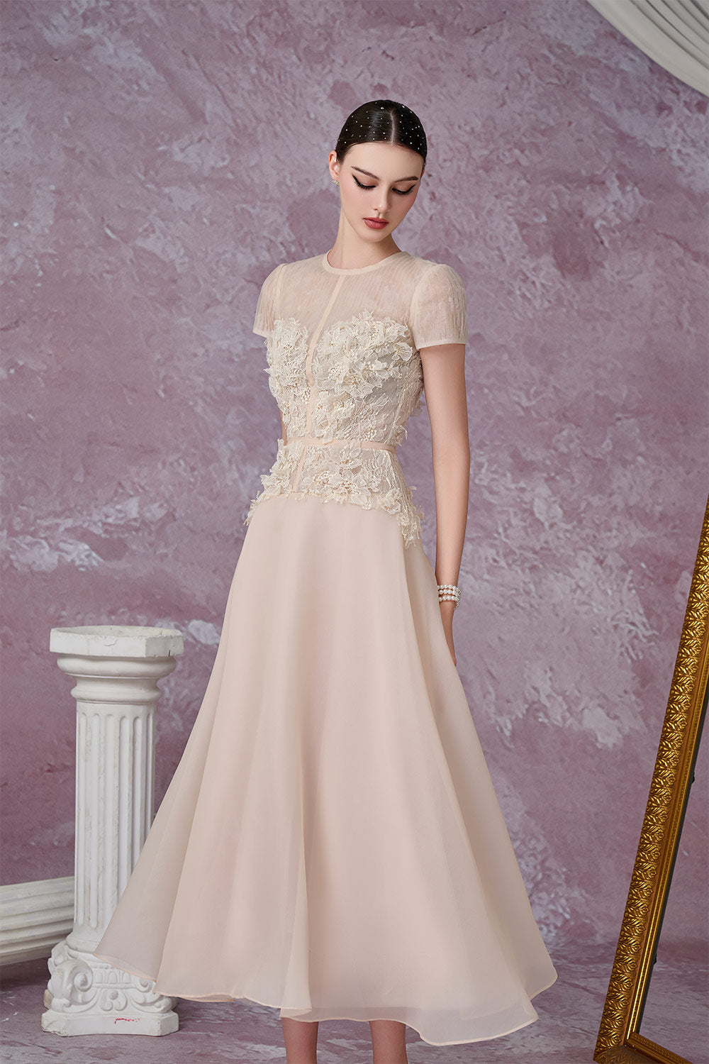 Women's Starry A-Line Flower Applique Organza Midi Dress S/M/L/Customize Vanilla Cream Mean Blvd Vanilla Cream / S Women's Starry A-Line Flower Applique Organza Midi Dress S/M/L/Customize Vanilla Cream Mean Blvd Vanilla Cream / S