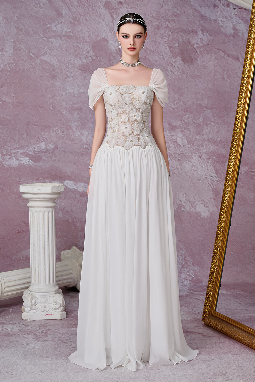 Nebula Fit and Flare Floral Mesh Lace Floor Length Dress