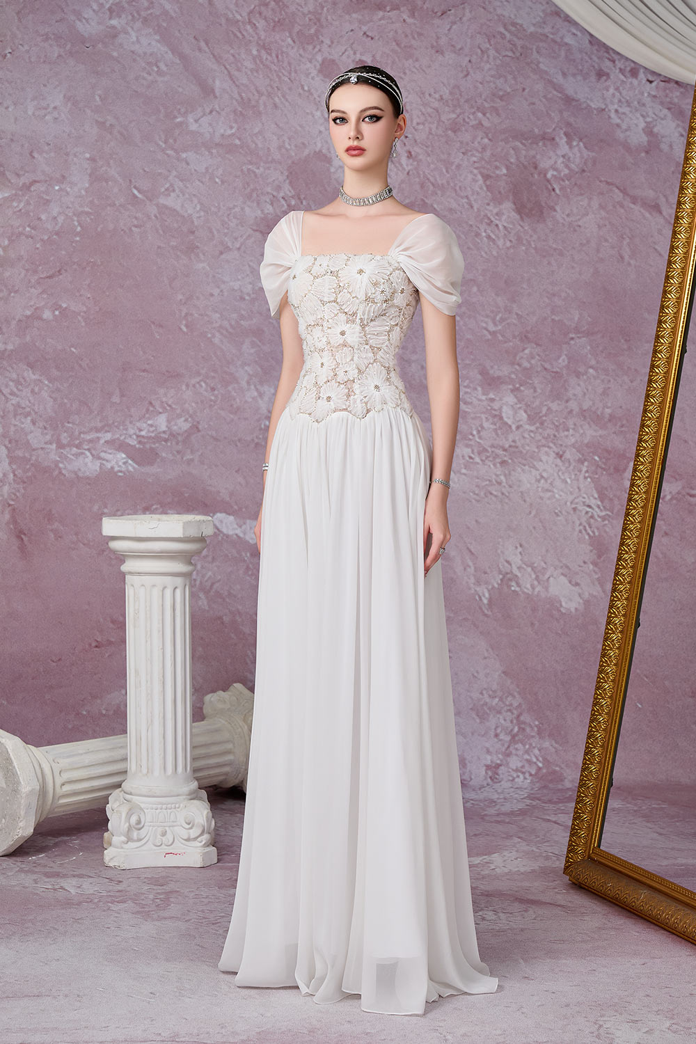 Nebula Fit and Flare Floral Mesh Lace Floor Length Dress - White / L Nebula Fit and Flare Floral Mesh Lace Floor Length Dress - White / L