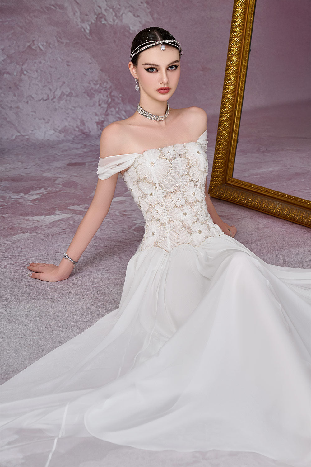 Nebula Fit and Flare Floral Mesh Lace Floor Length Dress