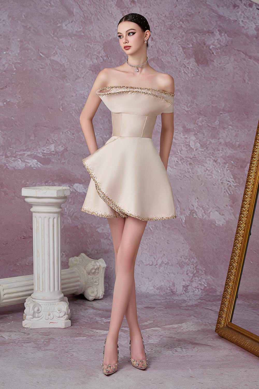 Flare A-line Asymmetric Sleeved Taffeta Mini Dress