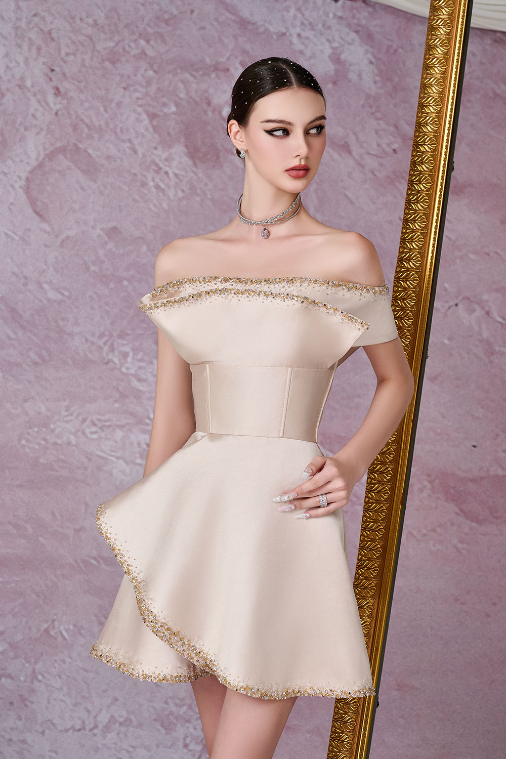 Women's Flare A-Line Asymmetric Sleeved Taffeta Mini Dress S/M/L/Customize Light Beige Mean Blvd Light Beige / Customize