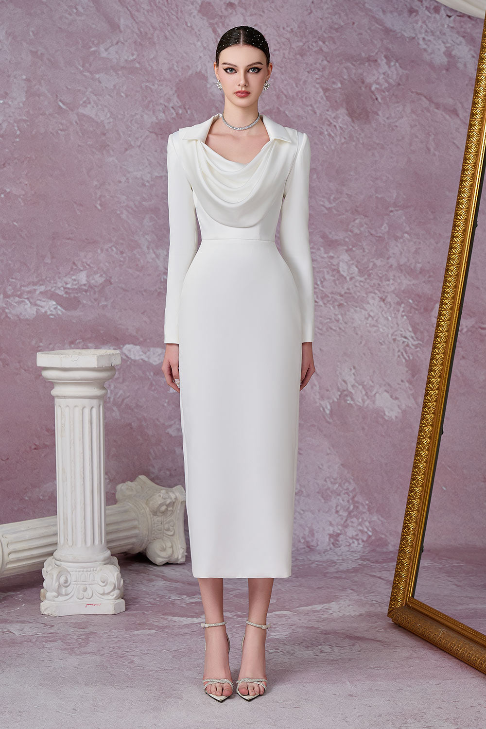 Gleamy Pencil Cowl Neck Silk Satin Calf Length Dress