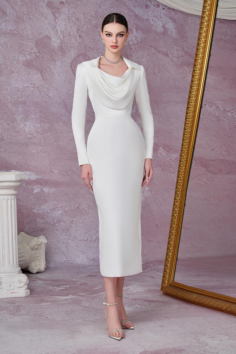 Gleamy Pencil Cowl Neck Silk Satin Calf Length Dress