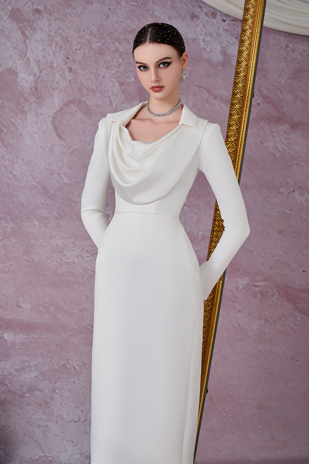 Gleamy Pencil Cowl Neck Silk Satin Calf Length Dress