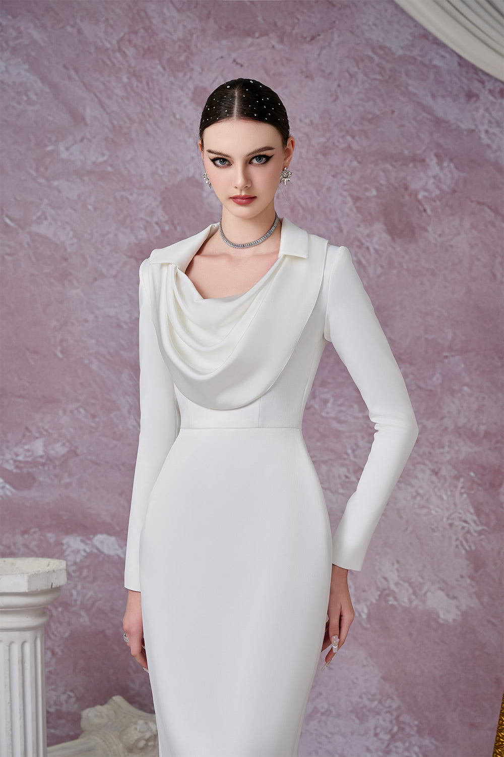 Gleamy Pencil Cowl Neck Silk Satin Calf Length Dress